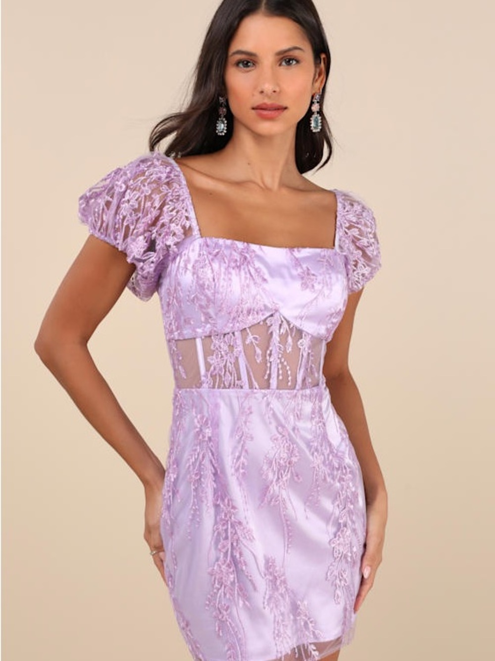 Lulu's Lilac Lace Sheer-Panel Mini Dress